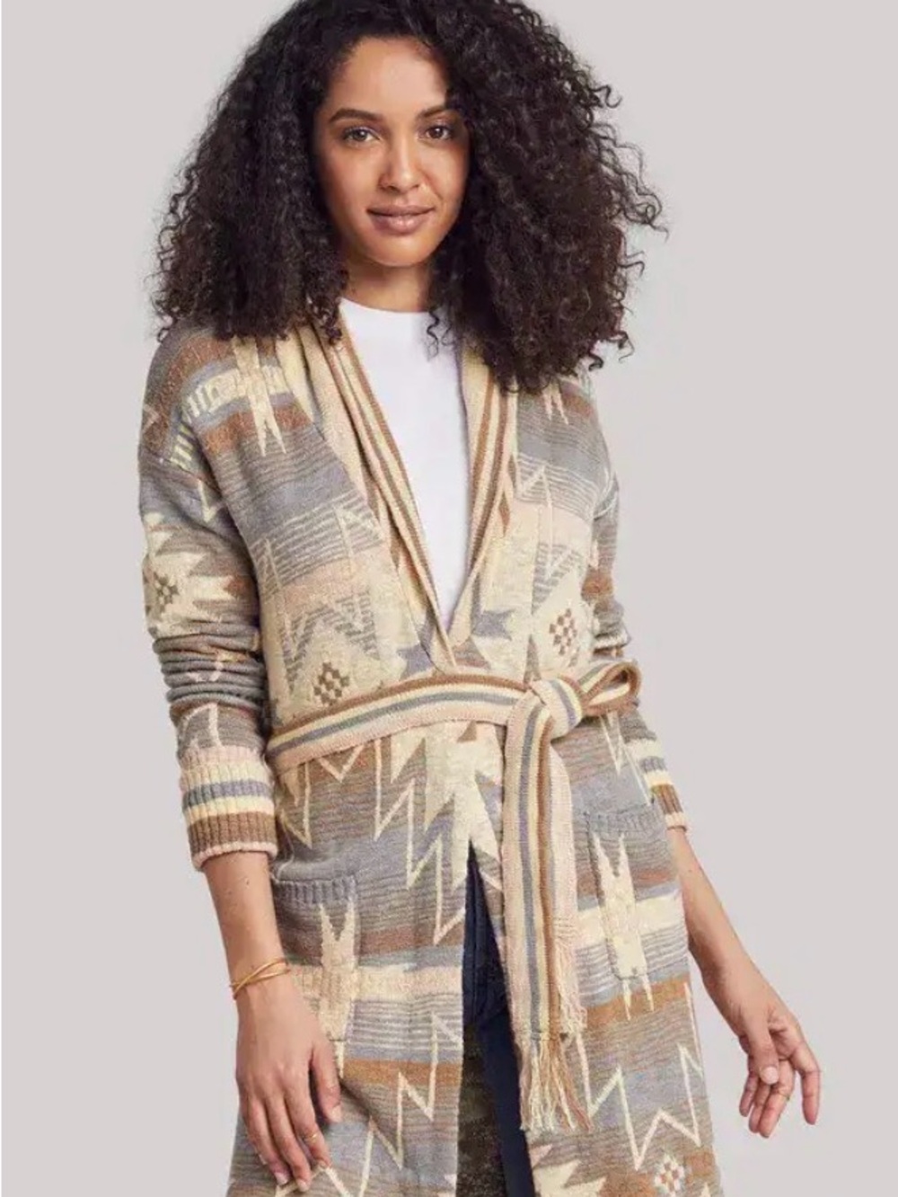 Faherty Aztec-Print Long Open Cardigan in Beige, Taupe & Cream - Picture 6 of 6